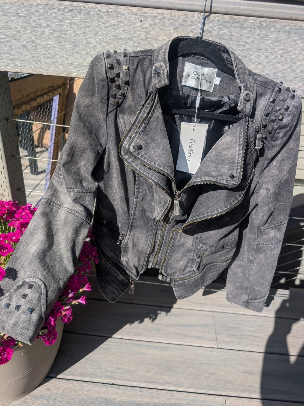 Gunu Washed Gray Studded Moto Jean Jacket